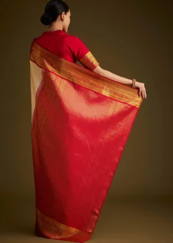 Beige Kanjivaram Silk Saree With Contrast Border