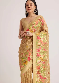 Beige Khaddi Georgette Jaal Work Saree With Animal Bird Motifs