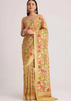 Beige Khaddi Georgette Jaal Work Saree With Animal Bird Motifs