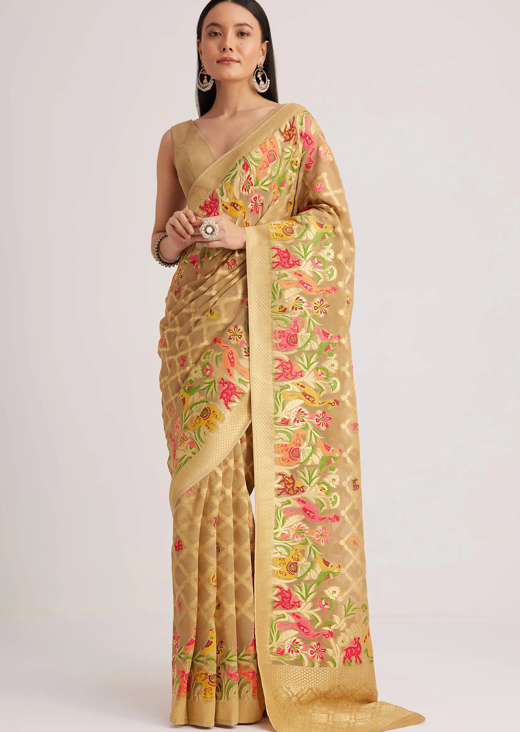 Beige Khaddi Georgette Jaal Work Saree With Animal Bird Motifs