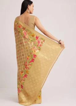 Beige Khaddi Georgette Jaal Work Saree With Animal Bird Motifs