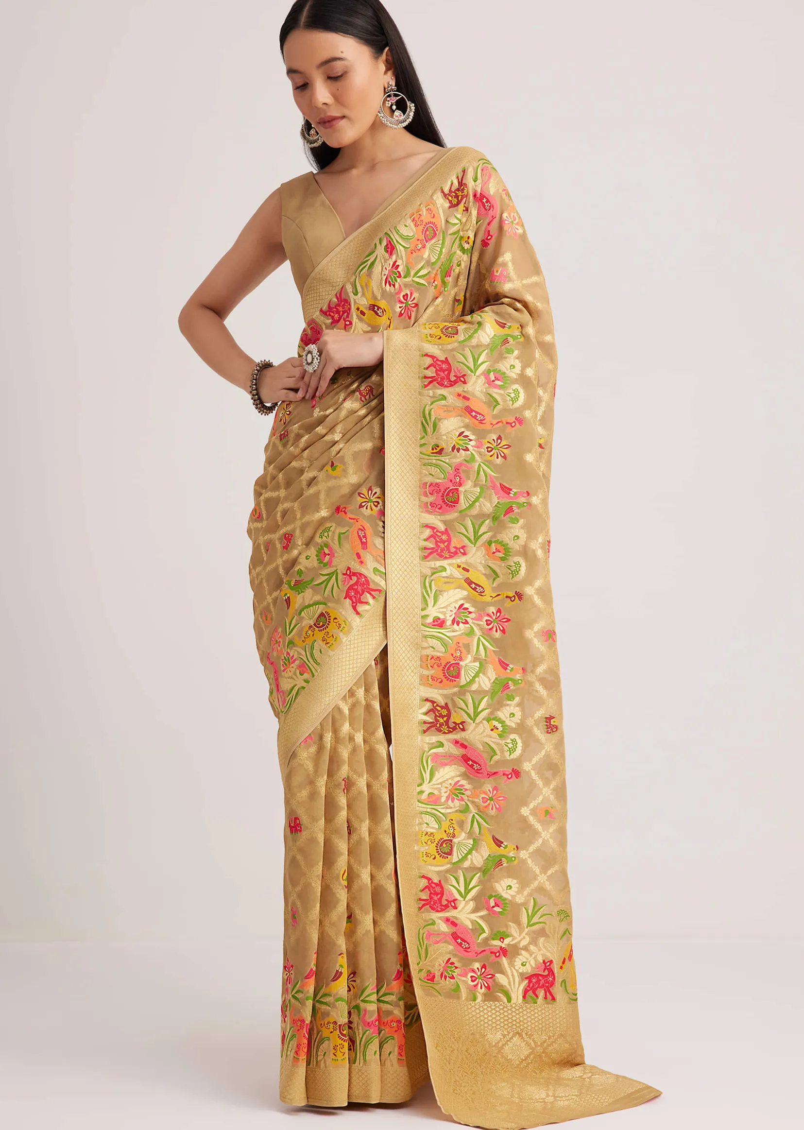 Beige Khaddi Georgette Jaal Work Saree With Animal Bird Motifs