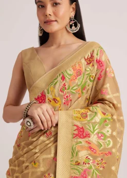Beige Khaddi Georgette Jaal Work Saree With Animal Bird Motifs