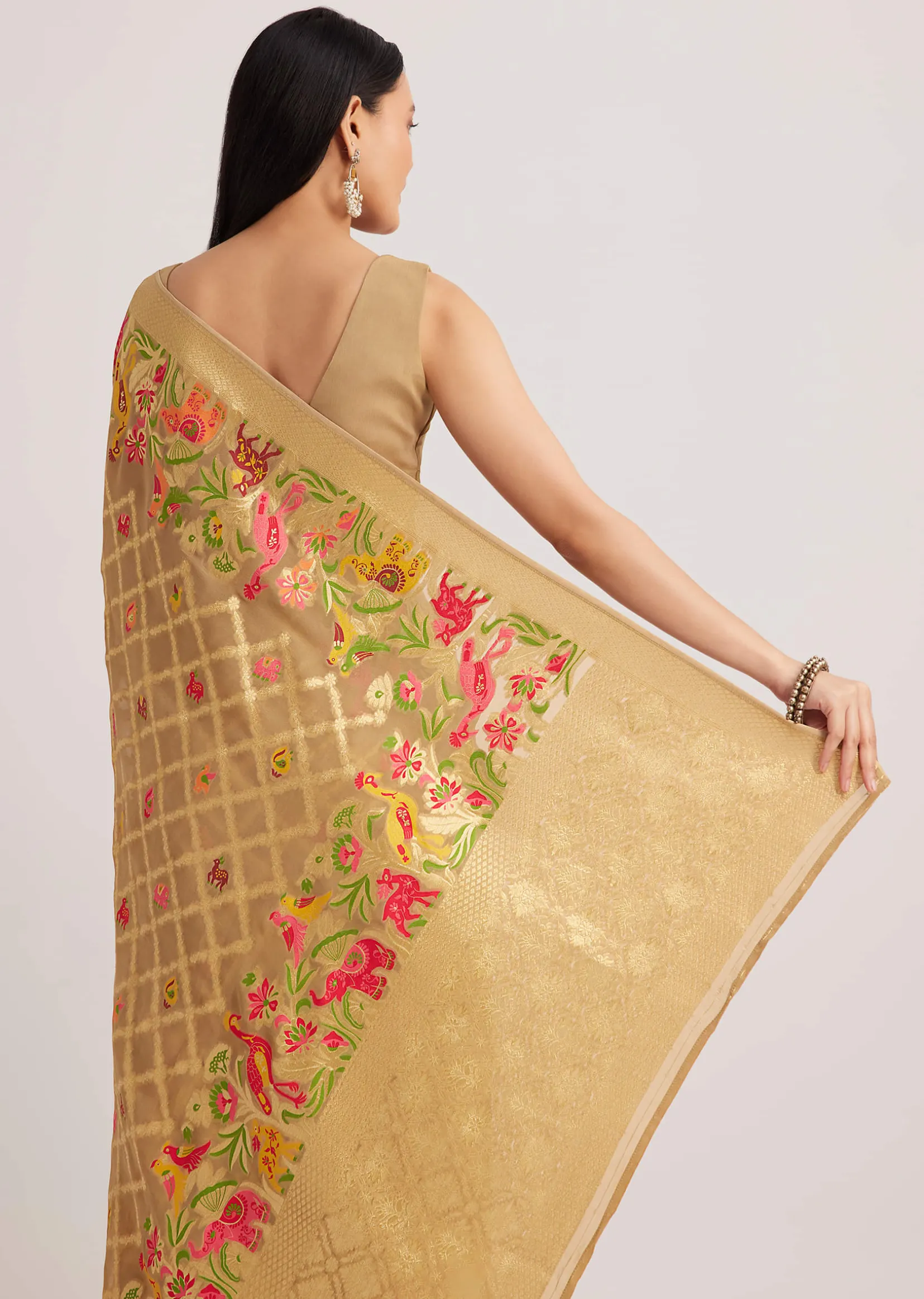 Beige Khaddi Georgette Jaal Work Saree With Animal Bird Motifs
