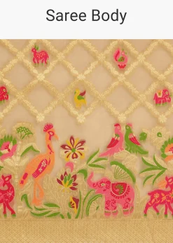 Beige Khaddi Georgette Jaal Work Saree With Animal Bird Motifs