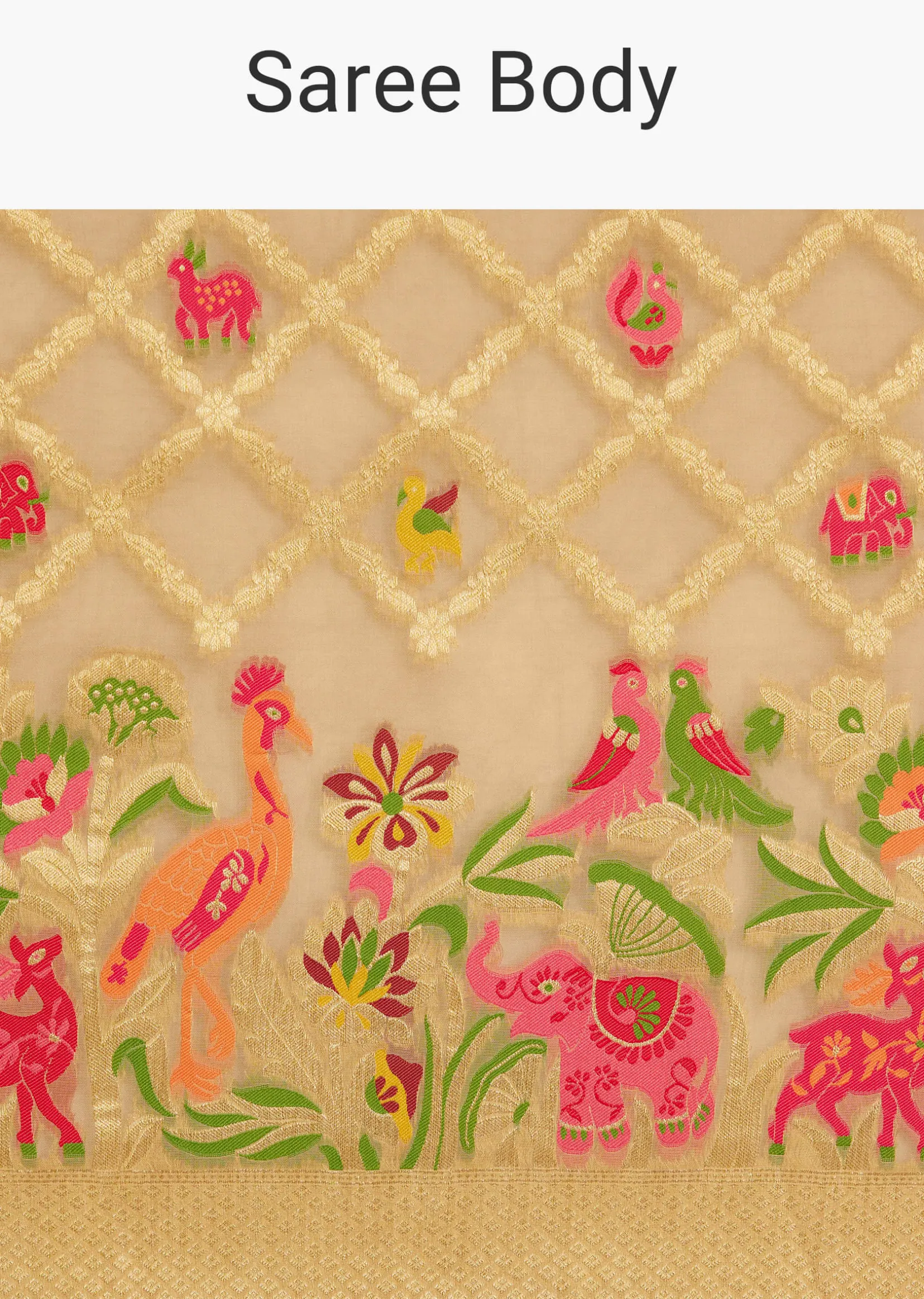 Beige Khaddi Georgette Jaal Work Saree With Animal Bird Motifs