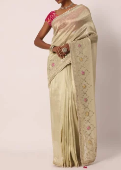 Beige Kora Silk Tissue Saree With Gota Patti Buttis And Unstitched Blouse Piece