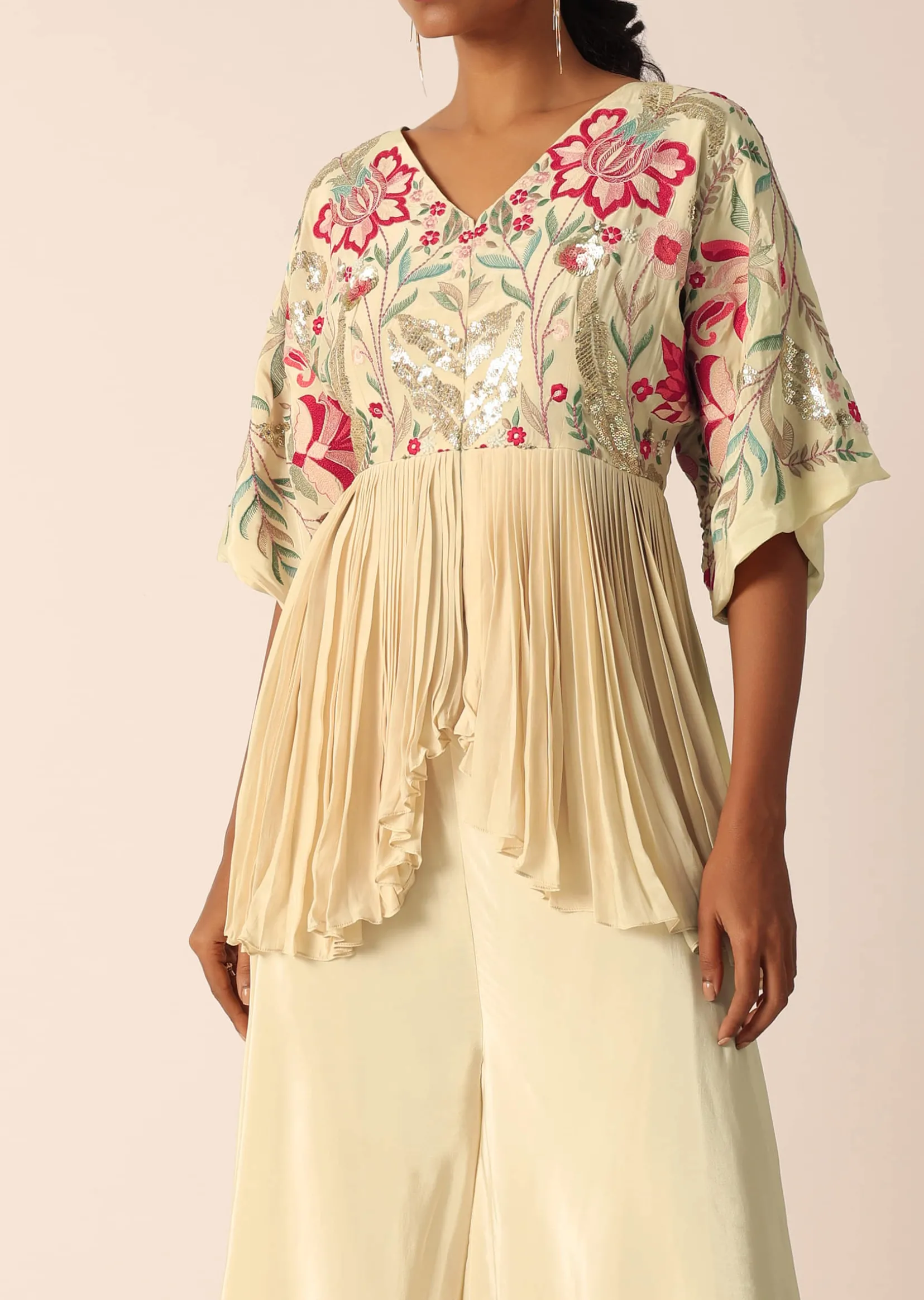 Beige Kurta And Palazzo Set With Bead Work