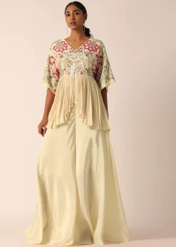 Beige Kurta And Palazzo Set With Bead Work