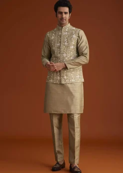 Beige Kurta Pant Set With Embroidered Nehru Jacket