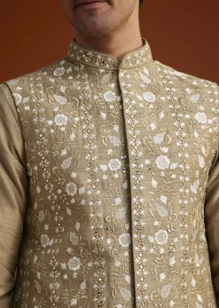 Beige Kurta Pant Set With Embroidered Nehru Jacket