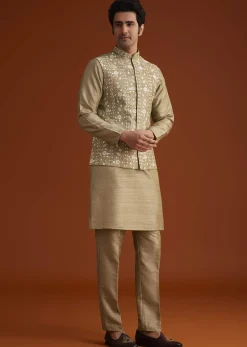 Beige Kurta Pant Set With Embroidered Nehru Jacket