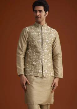 Beige Kurta Pant Set With Embroidered Nehru Jacket