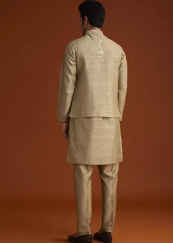 Beige Kurta Pant Set With Embroidered Nehru Jacket