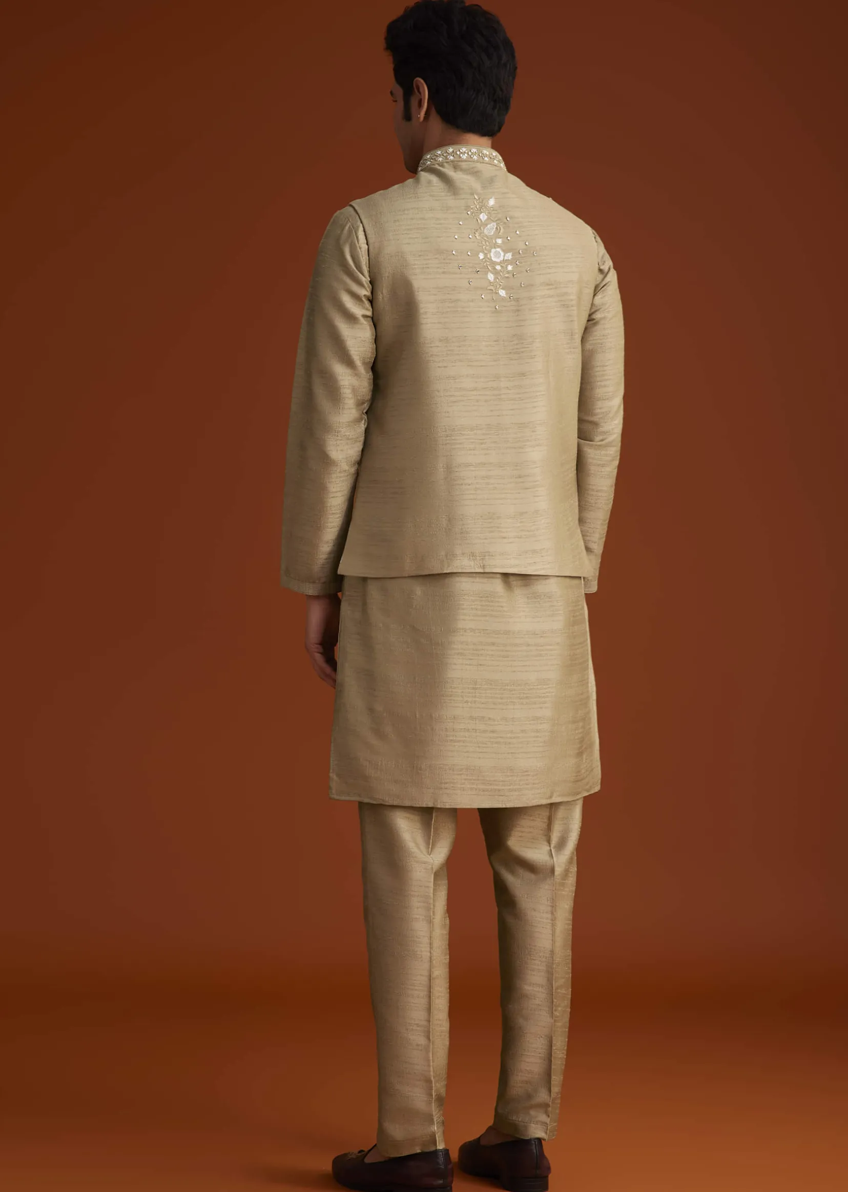 Beige Kurta Pant Set With Embroidered Nehru Jacket