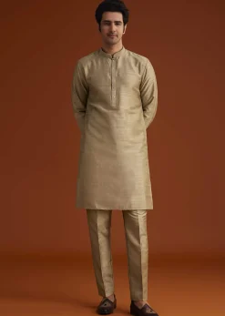 Beige Kurta Pant Set With Embroidered Nehru Jacket