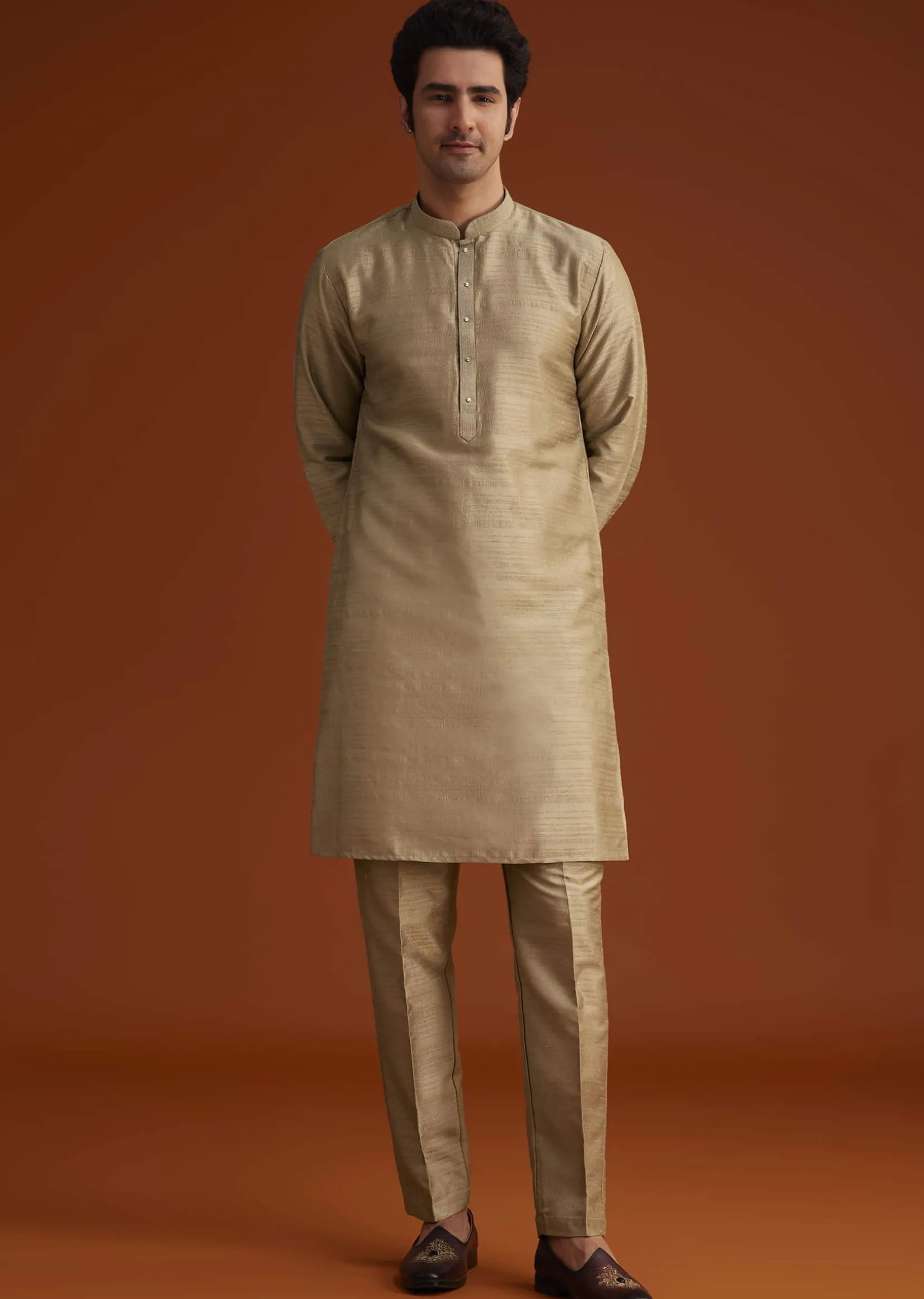 Beige Kurta Pant Set With Embroidered Nehru Jacket