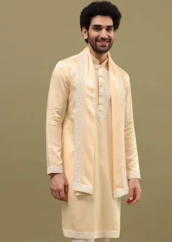 Beige Kurta Set In Resham Work With Dupatta For Men