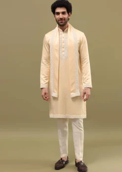 Beige Kurta Set In Resham Work With Dupatta For Men