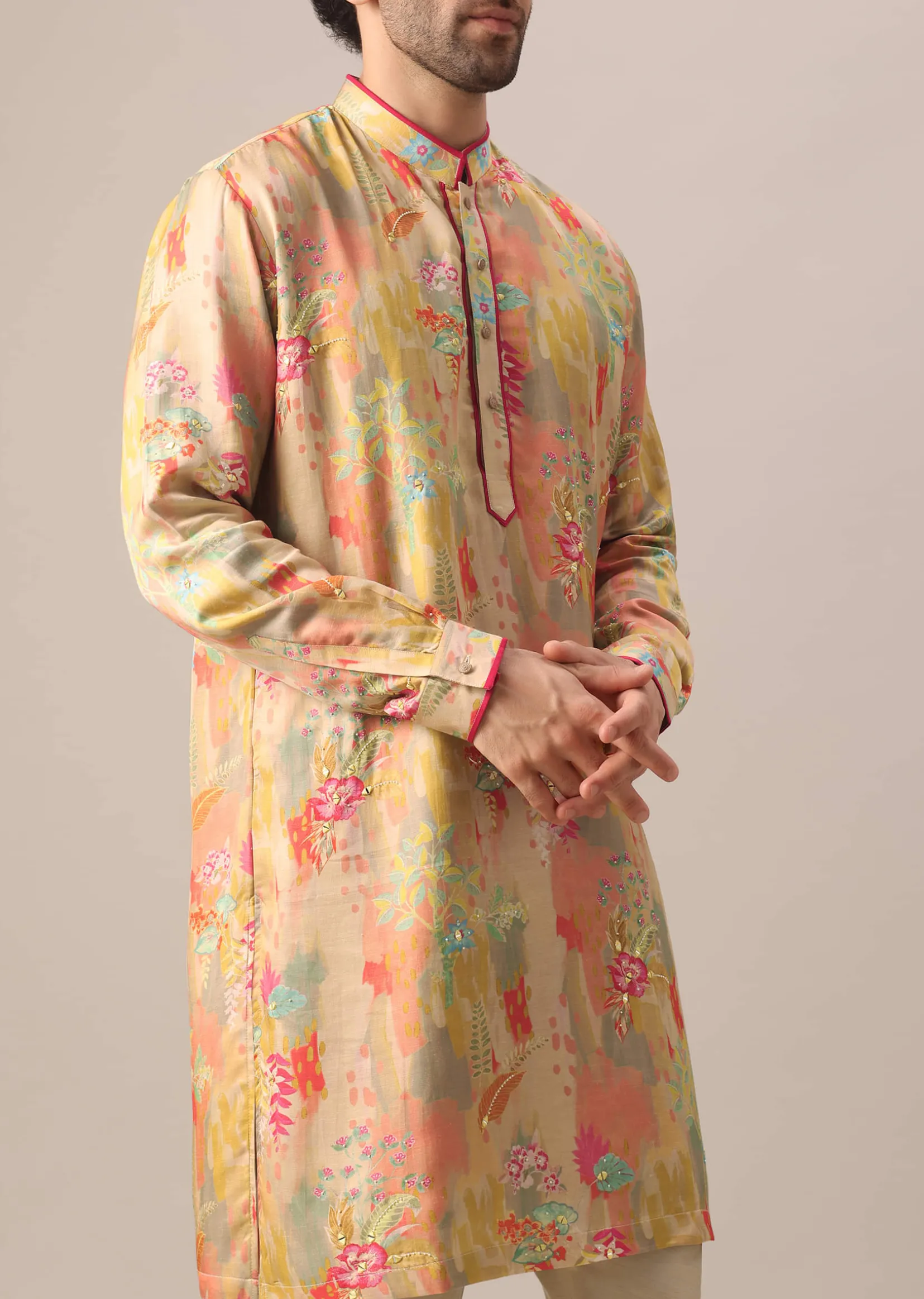 Beige Kurta Set In Silk With Floral Prints
