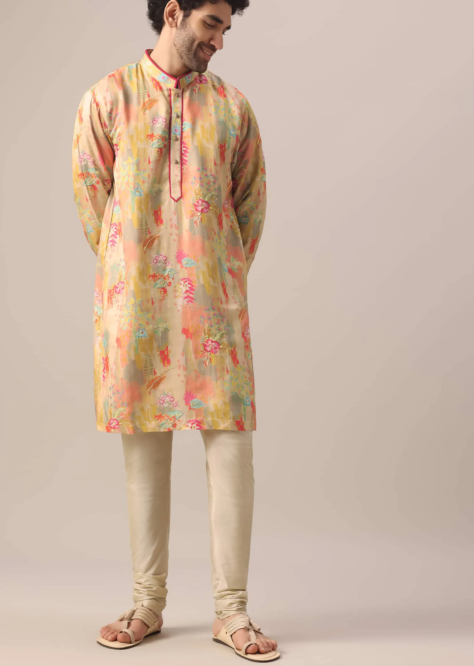 Beige Kurta Set In Silk With Floral Prints