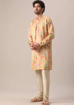 Beige Kurta Set In Silk With Floral Prints