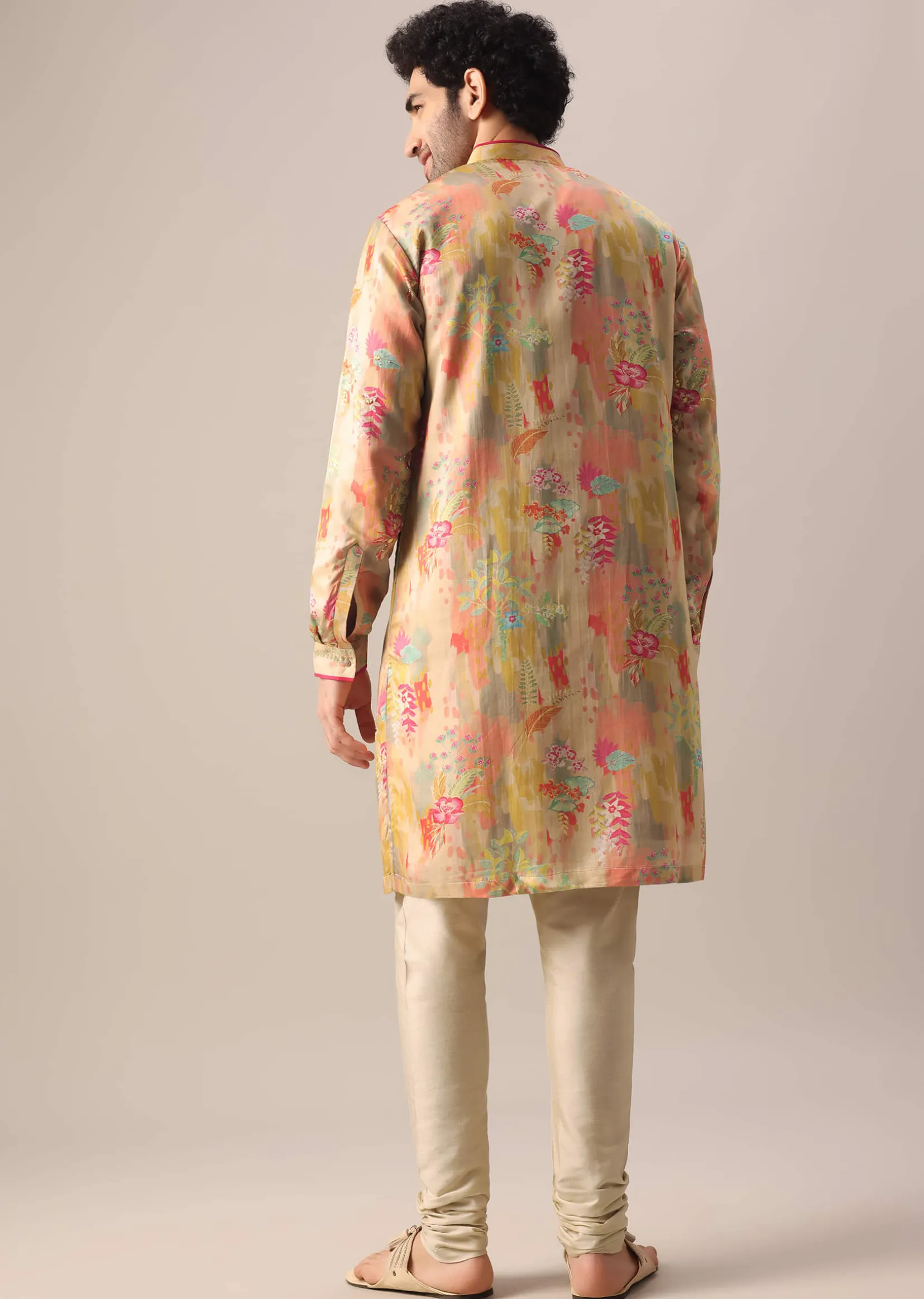 Beige Kurta Set In Silk With Floral Prints