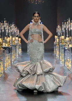 Beige Layered Balloon Gown With Asymmetric Cut