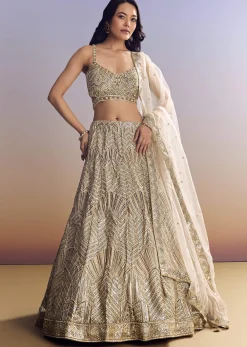 Beige Lehenga Set With Sequins Cut Dana Work