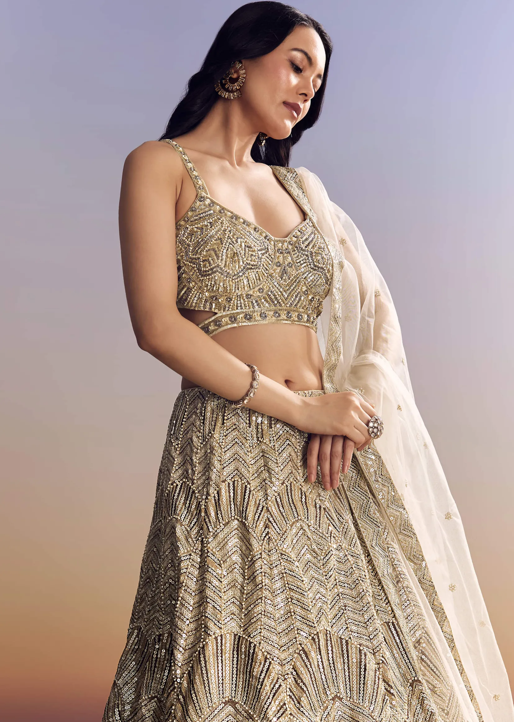 Beige Lehenga Set With Sequins Cut Dana Work