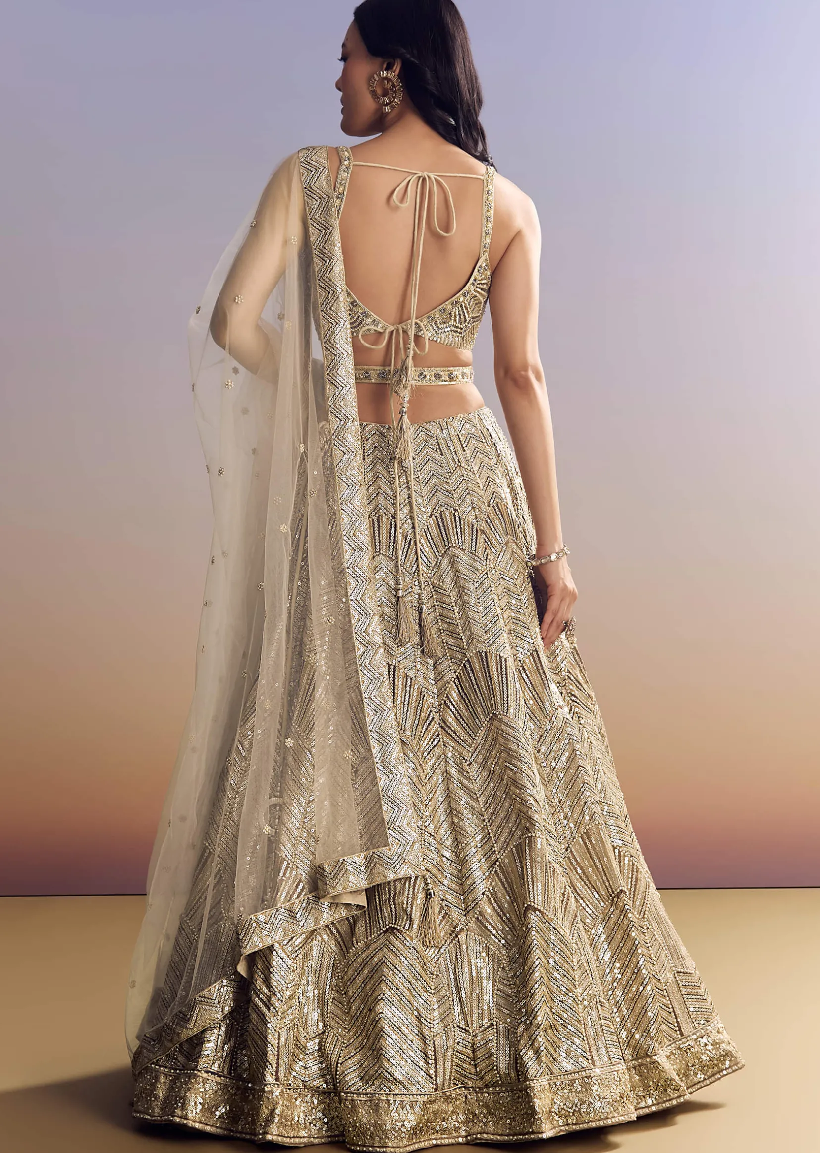 Beige Lehenga Set With Sequins Cut Dana Work