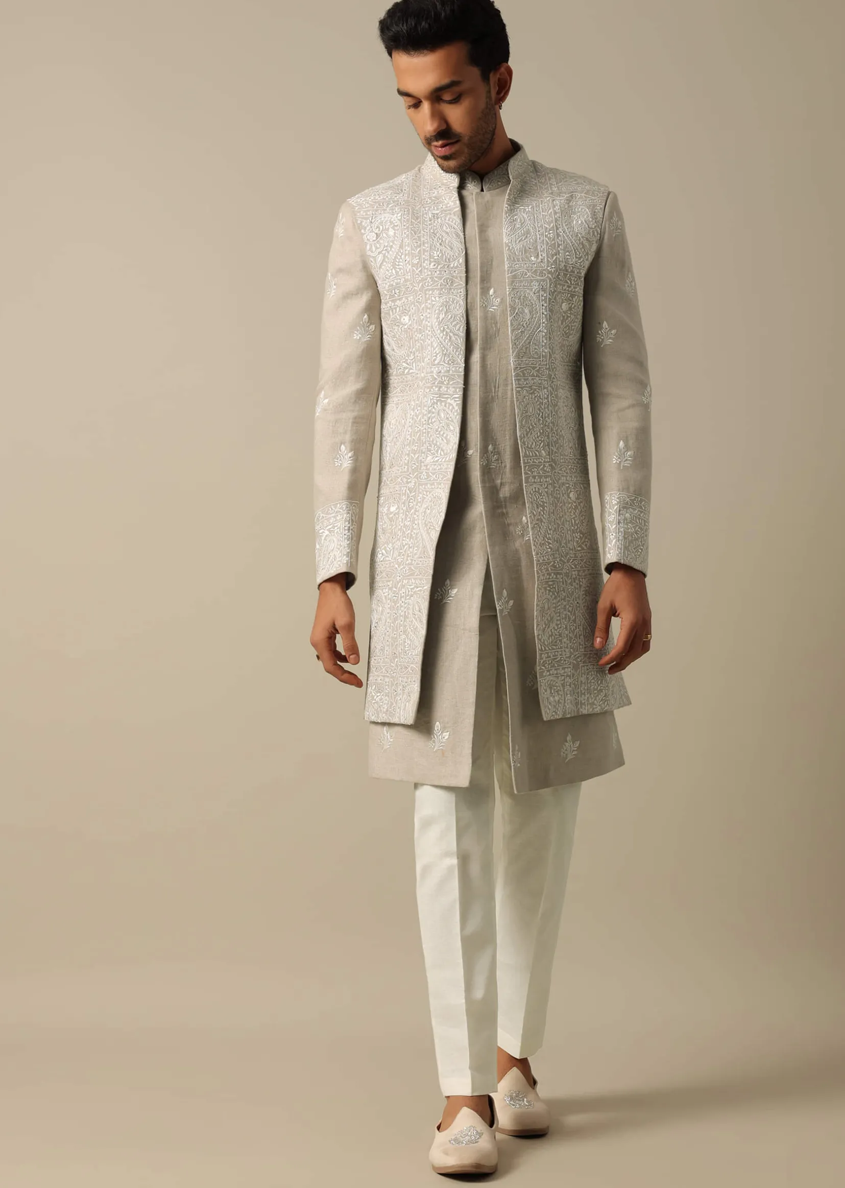 Beige Linen Indowestern Sherwani Set