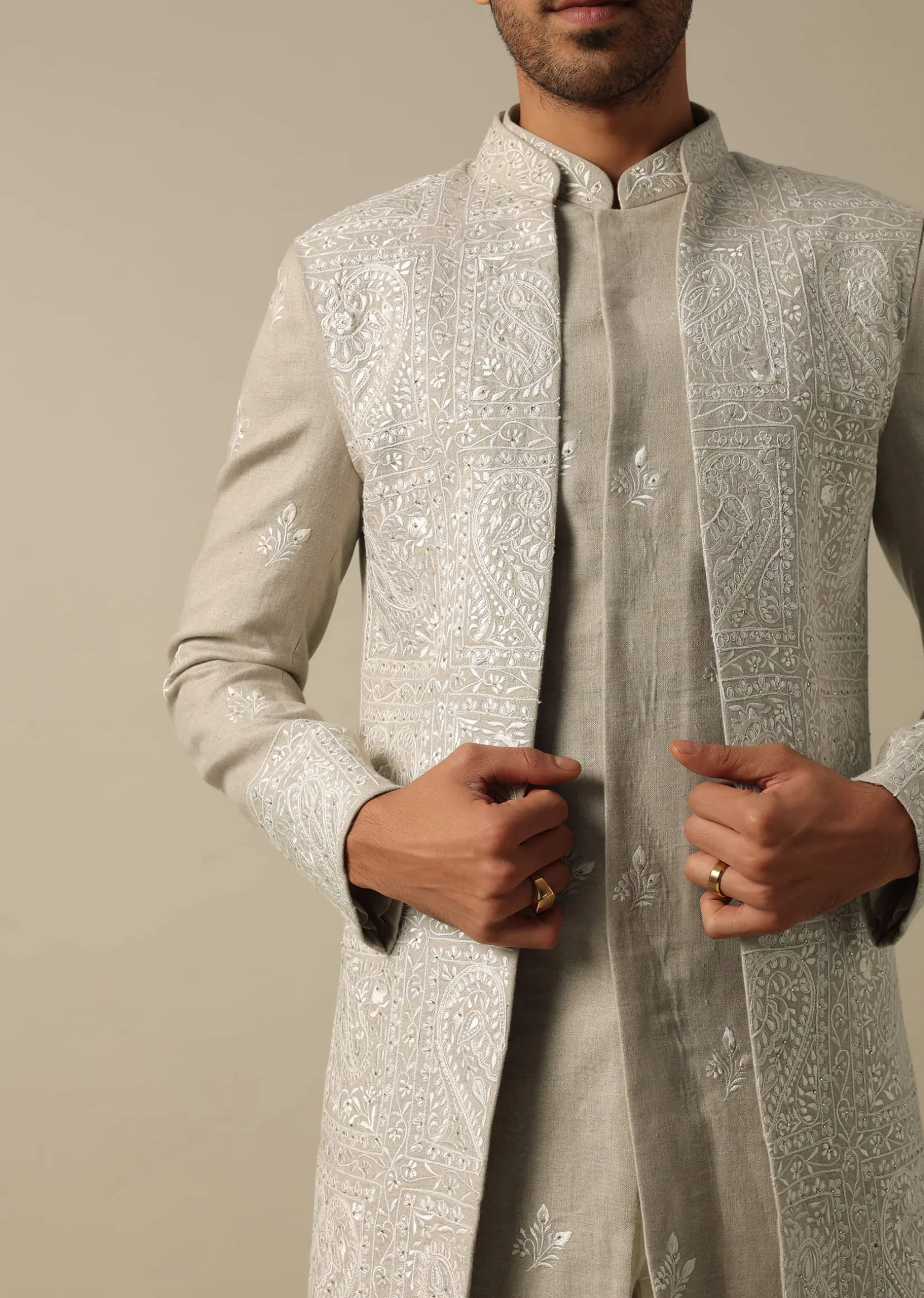 Beige Linen Indowestern Sherwani Set