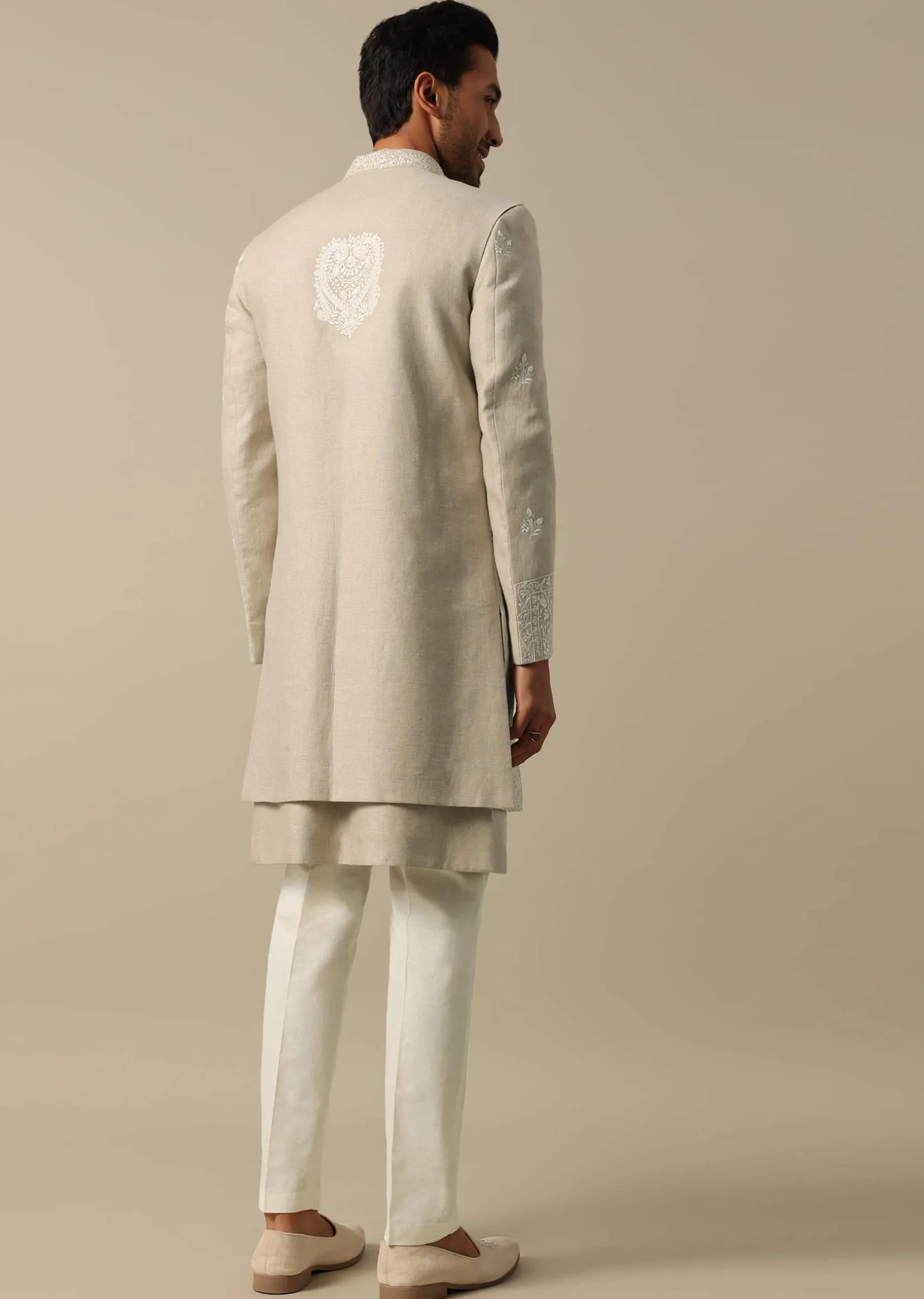 Beige Linen Indowestern Sherwani Set