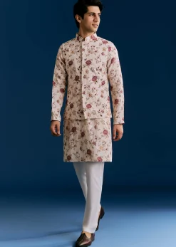 Beige Linen Kurta Jacket Set With Sequins And Thread Embroidery
