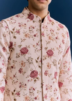 Beige Linen Kurta Jacket Set With Sequins And Thread Embroidery