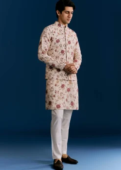 Beige Linen Kurta Jacket Set With Sequins And Thread Embroidery