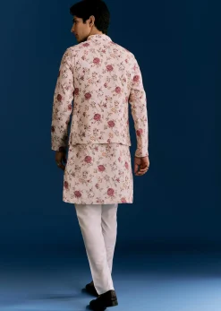 Beige Linen Kurta Jacket Set With Sequins And Thread Embroidery