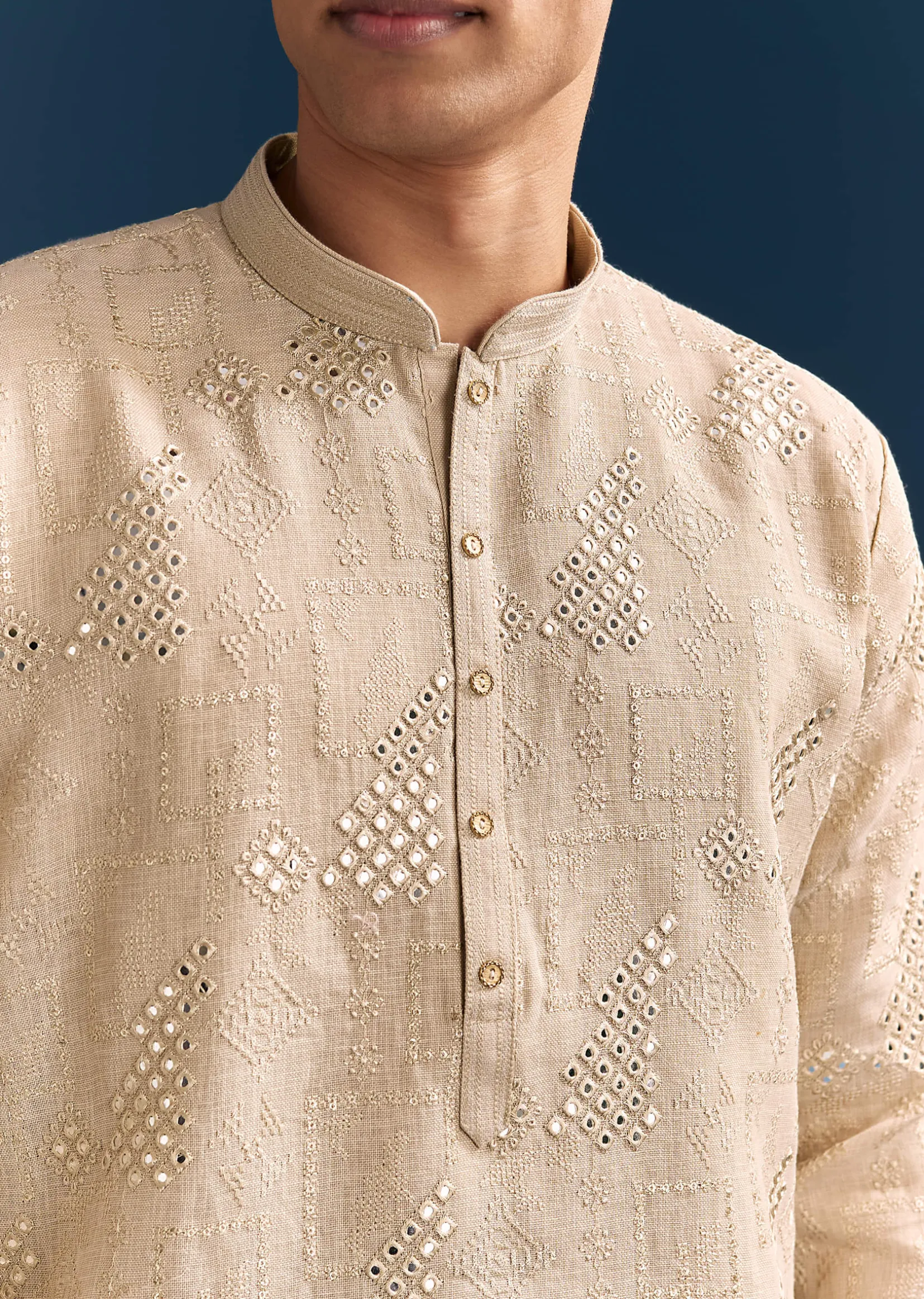 Beige Linen Kurta Set For Men With Mirror Embroidery