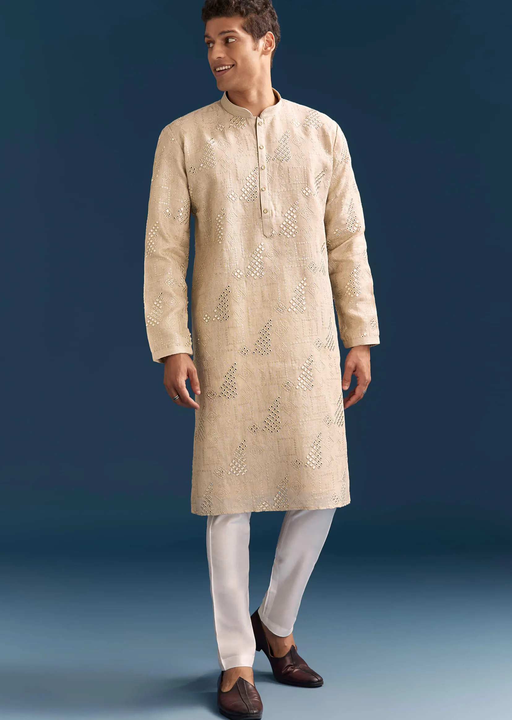 Beige Linen Kurta Set For Men With Mirror Embroidery