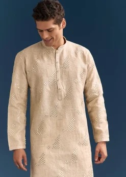 Beige Linen Kurta Set For Men With Mirror Embroidery