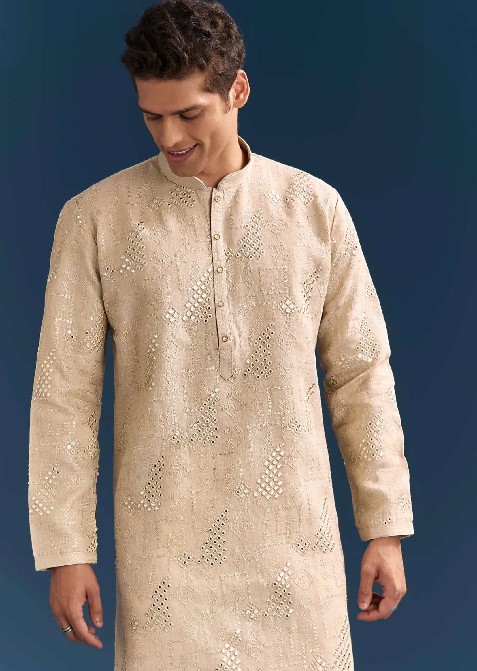 Beige Linen Kurta Set For Men With Mirror Embroidery