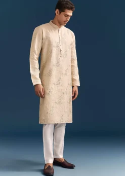 Beige Linen Kurta Set For Men With Mirror Embroidery