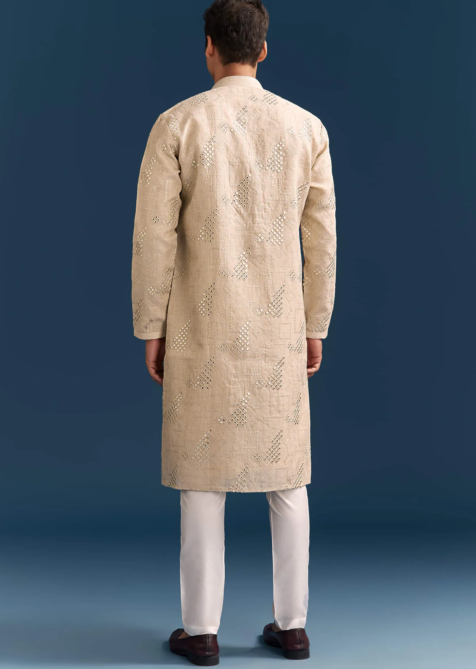 Beige Linen Kurta Set For Men With Mirror Embroidery