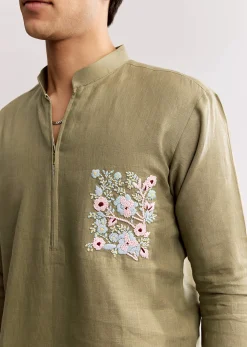 Beige Linen Kurta Set With Embroidery