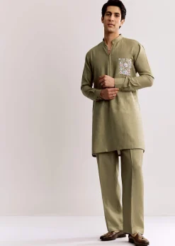 Beige Linen Kurta Set With Embroidery