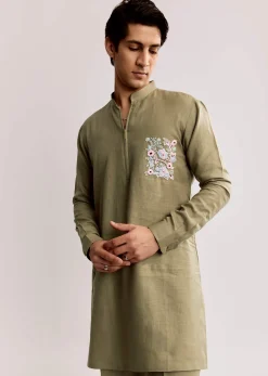 Beige Linen Kurta Set With Embroidery