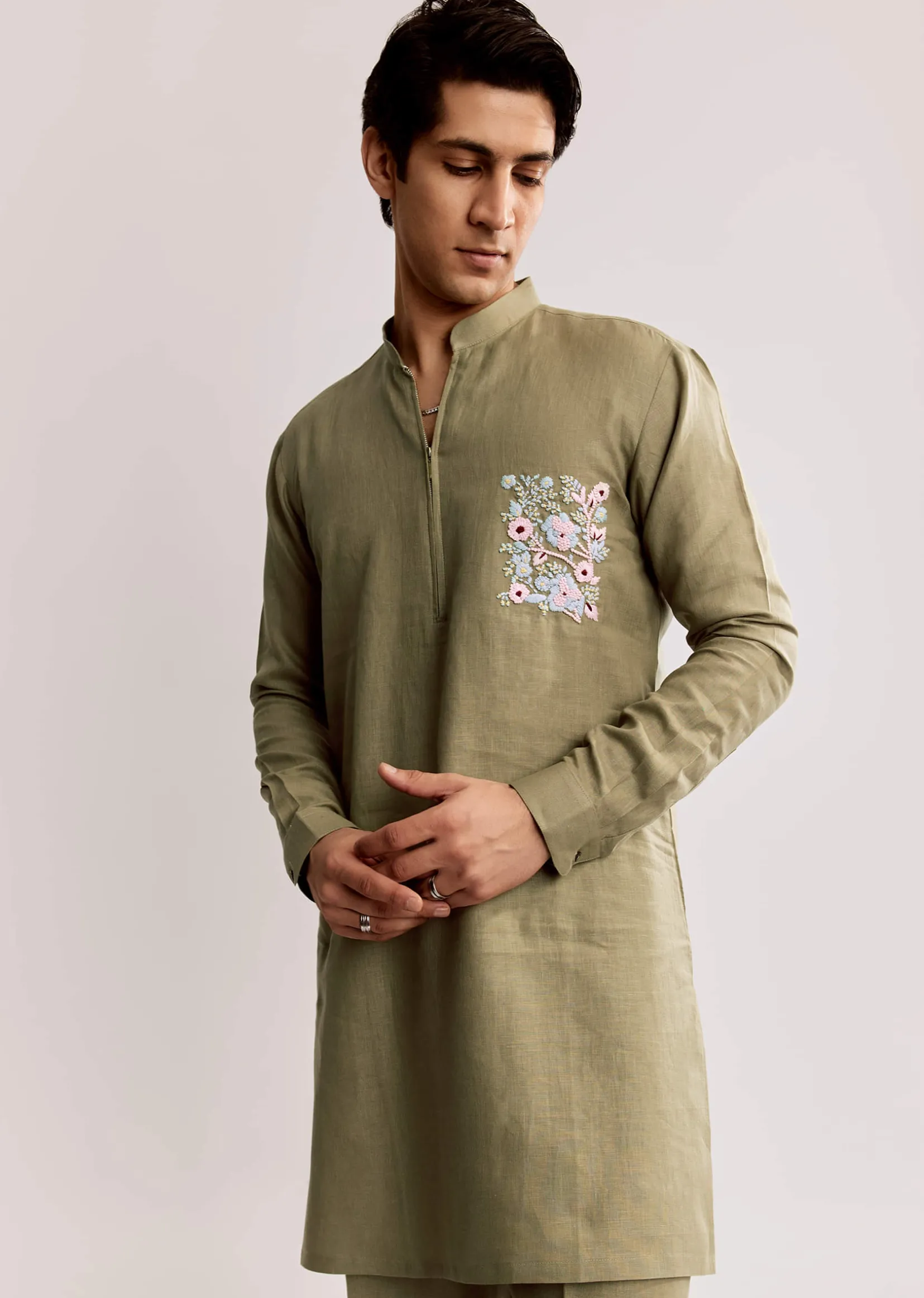 Beige Linen Kurta Set With Embroidery