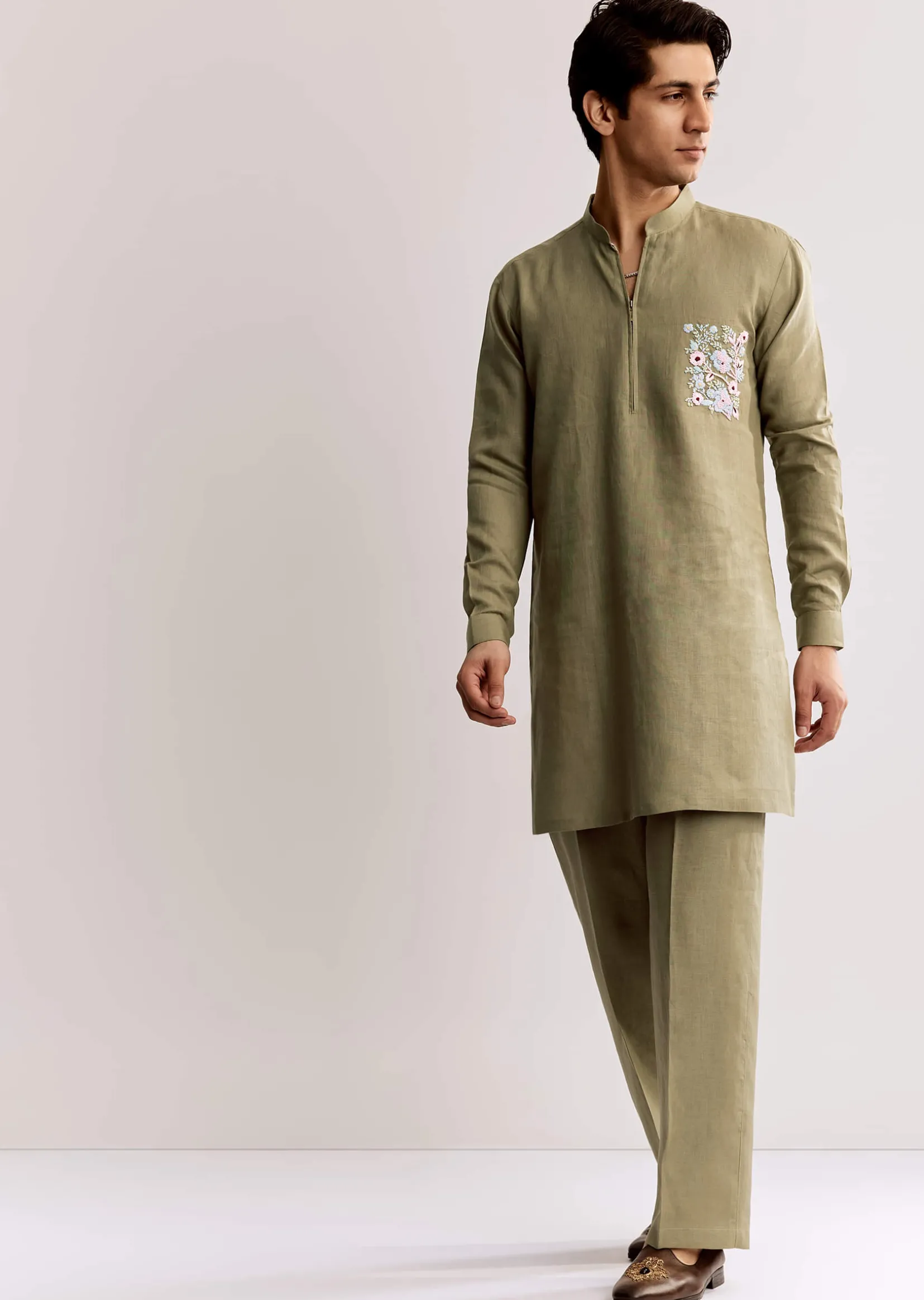 Beige Linen Kurta Set With Embroidery