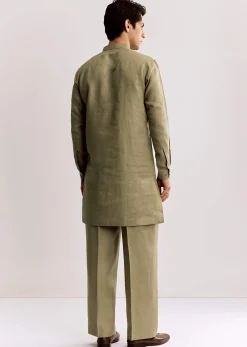 Beige Linen Kurta Set With Embroidery